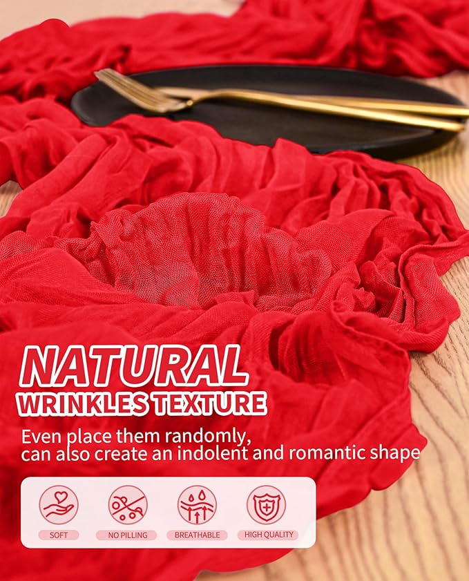 6 Pack Cheesecloth Table Runner,Red Table Runner Long Romantic Semi Sheer Rustic Boho Gauze Table Runners for Wedding Bridal Shower Birthday Party Decorations(17.7×108 Inch)