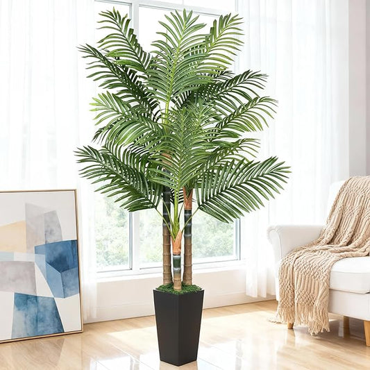 5ft Artificial Palm Tree Indoor Plant，Triple Faux Tropical Areca Floor Plant in Pot，Artificial Plants with Lifelike Leaves for Home Office Decor