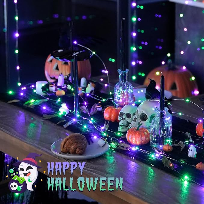 JMEXSUSS 200 LED Purple and Green Halloween Fairy Lights Plug in | 8 Modes Halloween Lights Indoor Outdoor with Wheel, 66 ft Remote Control Christmas Fairy Lights for Xmas
