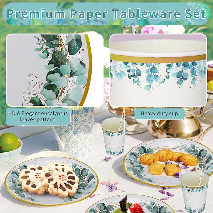 Sage Green Plates and Napkins Party Supplies, Sage Green and Gold Disposable Plates Sets, Sage Green Plates and Napkins Party Supplies Eucalyptus Plates for Table Decor，Serves for 25 (Eucalyptus Set)