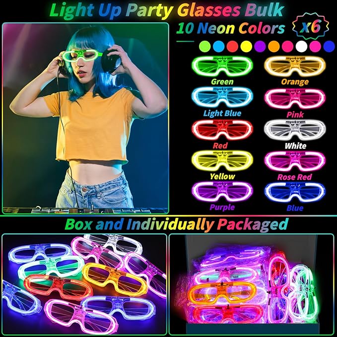 60 Pcs LED Glasses Bulk 10 Neon Colors Glow in the Dark Party Favor Supply for Light Up Glasses 3 Light Modes Glow Stick Sunglasses for Birthday Wedding Rave Party Flash Toy