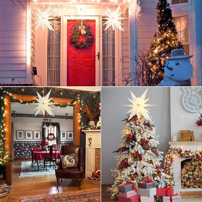 SUNBEAUTY 21 Inches White Large Moravian Stars Outdoor Light Warm White LED Hanging Star Lights 3D Christmas Tree Topper Star for Holiday Wedding Birthday Porch Party Decor