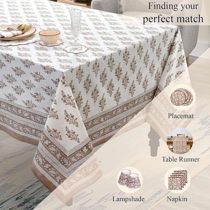 Ridhi Block Print Quiet Earth Rectangle Cotton Tablecloth 160" x 72" Reusable Table Cover Decorative Everyday Use for Dining, Farmhouse, Home Gift for Spring, Easter, Valentine