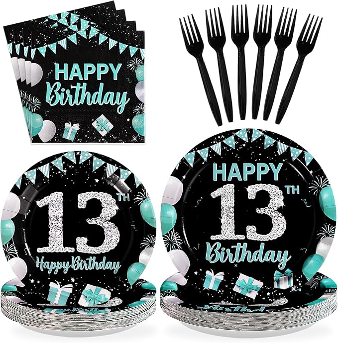 96Pcs 13th Birthday Party Supplies Teal Blue and Black Plates and Napkins Disposable Turquoise Teenager 13 Years Old Paper Tableware Set for Boys Girls 13th Birthday Party Decorations Serves 24