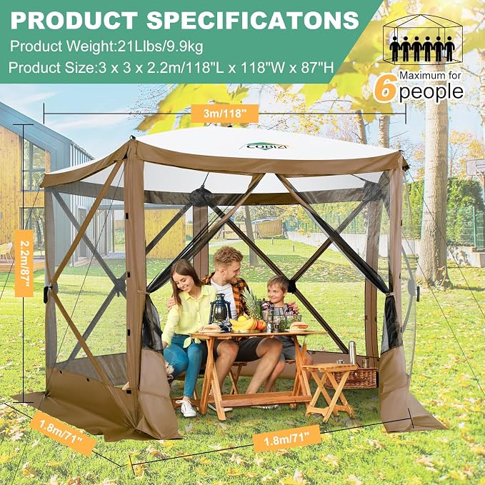 COBIZI 10x10 FT Pop up Gazebo, Popup Canopy Tent, Screened in Gazebos, Waterproof Portable Outdoor Small Screen Tents Sun Shelter,carpas para Patio for Camping, Garden and Backyard,Brown