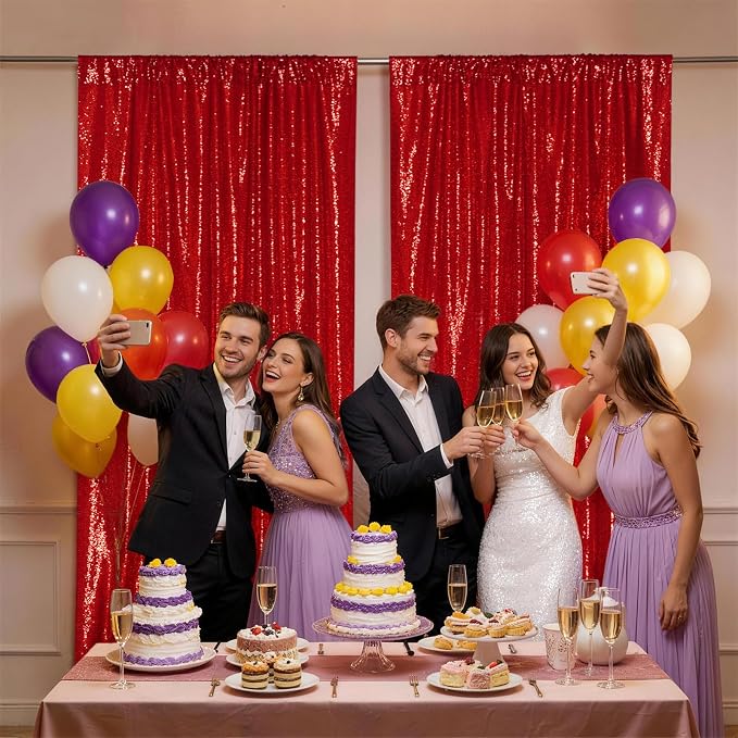 SquarePie 2 PCS 4x10ft Red Sequin Backdrop for Photography, Extra Long Satin-Backed Real Sequin Curtain, High-Density Shimmering Background with 4" Rod Pocket for Wedding Ceremony, 2 Panels