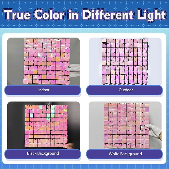 Qcity Iridescent Pink Shimmer Wall Backdrop 36PCS, Black Back Not See-Through Design, Square Sequin Glitter Backdrop Panel, Perfect for Outdoor Events, Birthdays, Wedding and Party Decoration