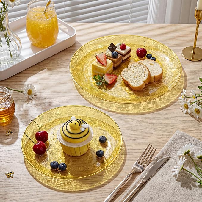 Festiva 60PCS Clear Yellow Gold Plastic Plates - Heavy Duty Fancy Disposable Plates With Gold Rim -serve for 30 guests Include 30PCS 10.25" & 30PCS 7.5" Honeycomb Design Plates for Party(Yellow)