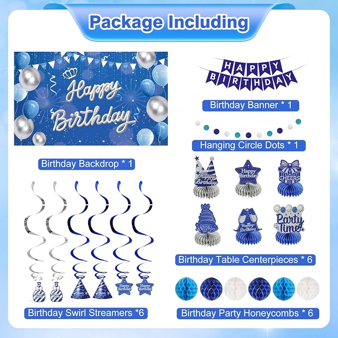 Happy Birthday Party Decoration Set: Including Birthday Banner Backdrop, Party Table Centerpieces and Hanging Swirl Party Streamers, Birthday Decor Suppliers for Men and Women (Blue, Happy Birthday)