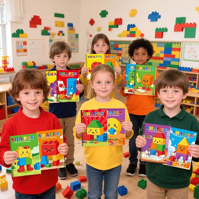 BenLouis 24 Building Block Mini Coloring Books Kids with 24 Stacking Crayons Geometric Shapes Party Favors Activity Books Bulk for Kids Building Goodie Bag Gift Stuffer Classroom Reward