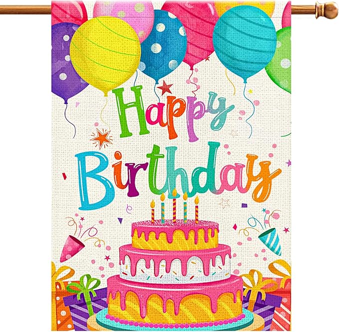 Happy Birthday House Flags 28x40 Double Sided Burlap, Colorful Balloon Cake Toppers Personalized Banner Farmhouse Yard Sign Birthday Party Outdoor Decorations DF576-28
