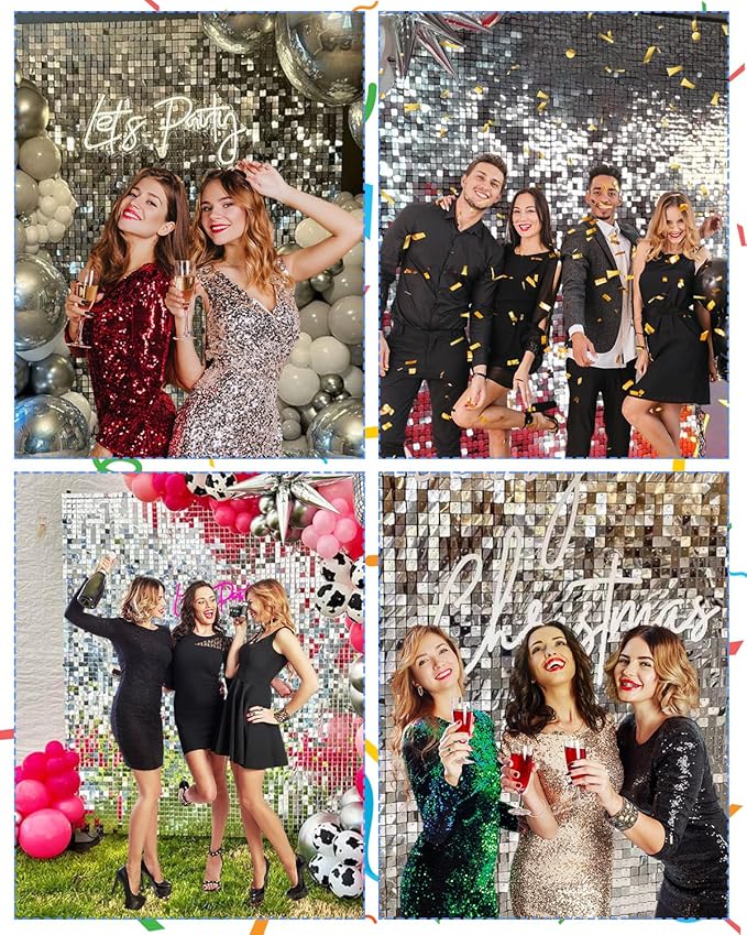 Silver Shimmer Wall Backdrop 12 Panels Cover 4 x 3 Ft, Photo Backdrops for Wedding,Anniversary,Birthday,Party Decoration