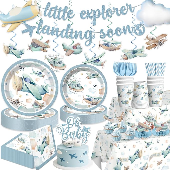 202PCS Airplane Baby Shower Decorations for Boy, Tableware Set Serves 25, Blue Airplane Theme Party Supplies with Banner, Plates, Tablecloth, Cups, Cupcake Toppers & Centerpieces