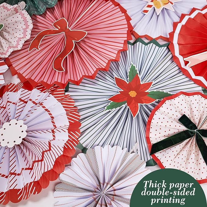 SUNBEAUTY Christmas Party Decorations Hanging Paper Fans Christmas Classroom Decorations Red Green White Paper Fans with Candy Bow for Xmas Holiday Ceilings Wall Decor Winter New Year Party Supplies