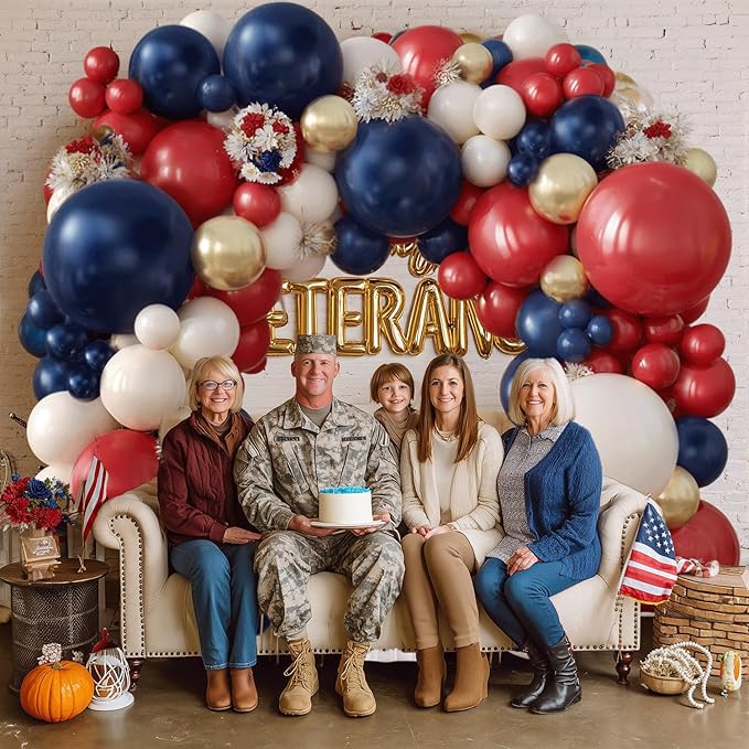 Red White and Blue Balloons Arch Kit - 124 PCs Double Stuffed Red Navy Blue Sand White Gold Latex Balloons for Graduation Birthday Party Veterans Day Decorations