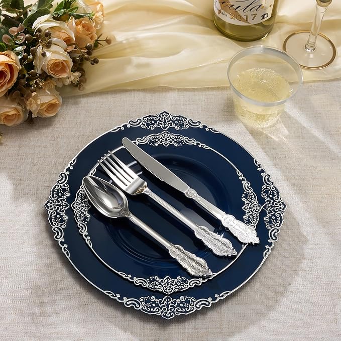 Goodluck 250 PCS Vintage Navy Blue & Silver Plastic Plates with Cutlery Set - Serves 50 - Heavy Duty Elegant Disposable Dinnerware for Graduation, Men's Birthday, Corporate Events
