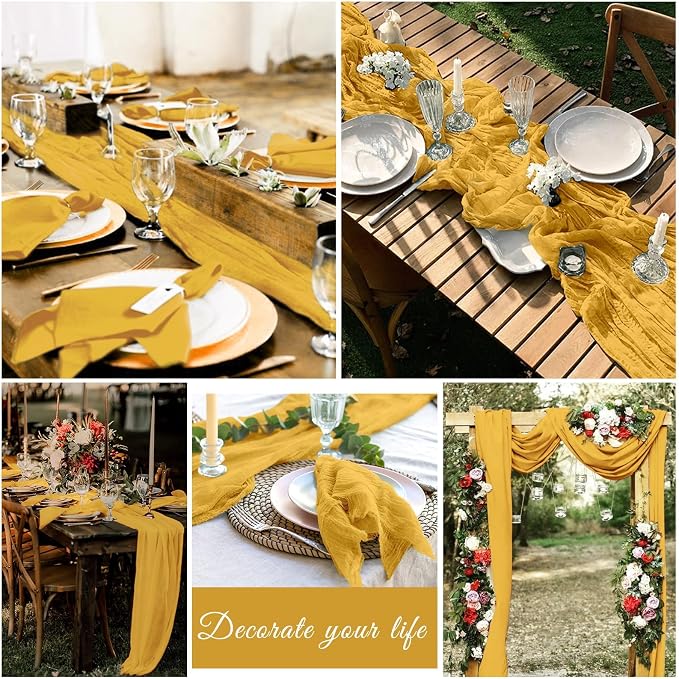 20 Pack Cheesecloth Table Runner 17 x 108 inch Long Boho Gauze Table Runners Semi Sheer Table Runner for Wedding Decor, Baby Shower, Birthday Party, Banquet (Gold)