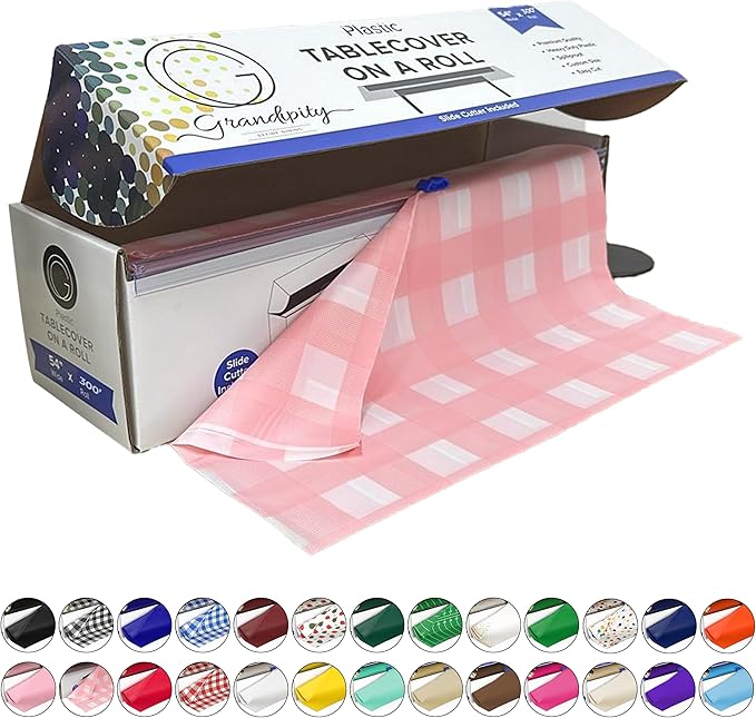 Grandipity Plastic Tablecloth Roll - 54in x 300 Ft. Pink Gingham Plastic Table Cloths for Parties Disposable with Cutter Box - Cut to Size Disposable Tablecloth Table Cover for Rectangle & Round