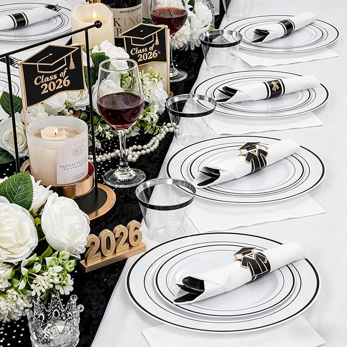 WELLIFE 210Pcs Black Plastic Dinnerware with Pre Rolled Napkins, Include:30 Dinner Plates, 30 Dessert Plates, 30 Paper Napkins, 30 Cups, 90 Plastic Cutlery