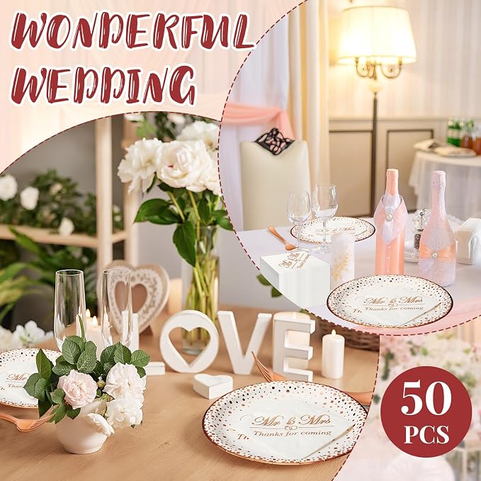 150 Pcs Bridal Shower Rose Gold Party Supplies Napkins Plates Forks Tableware Disposable Dinnerware Set for Bridal Shower Wedding Engagement Bachelorette Party Decorations (Mr and Mrs Style)