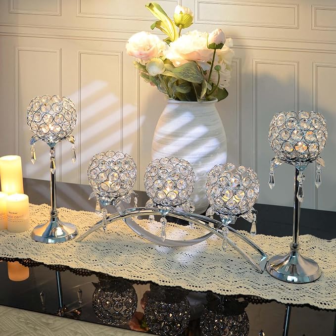 Set of 3 Silver Crystal Tea Light Candlestick Holders Flower Shape with Crystal Pendant Bowl Votive Metal Candle Holder for Table Centerpieces Wedding Home Decor
