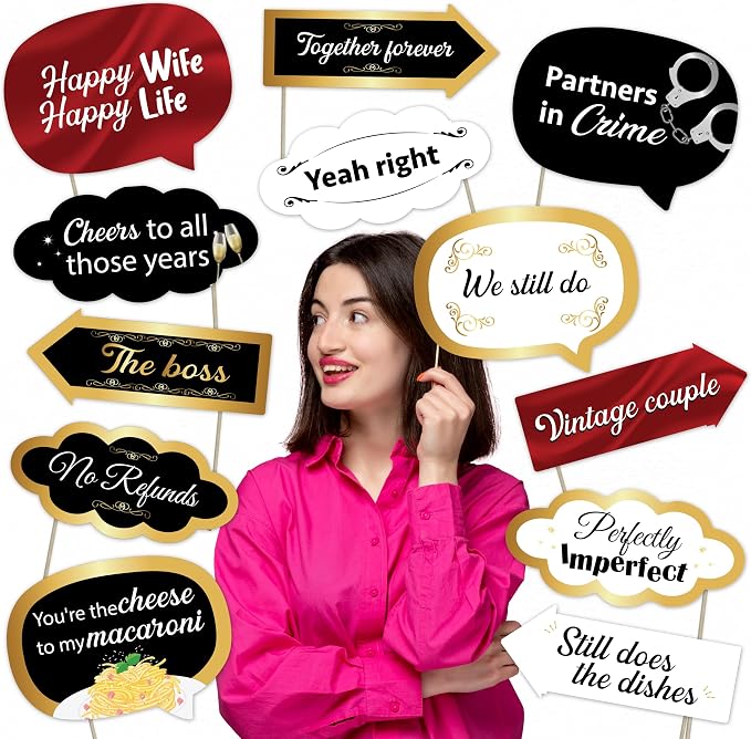 Wedding Anniversary Photo Booth Props Set – Fun Romantic Decorations for Anniversaries, Parties, and Couple Celebrations (12)