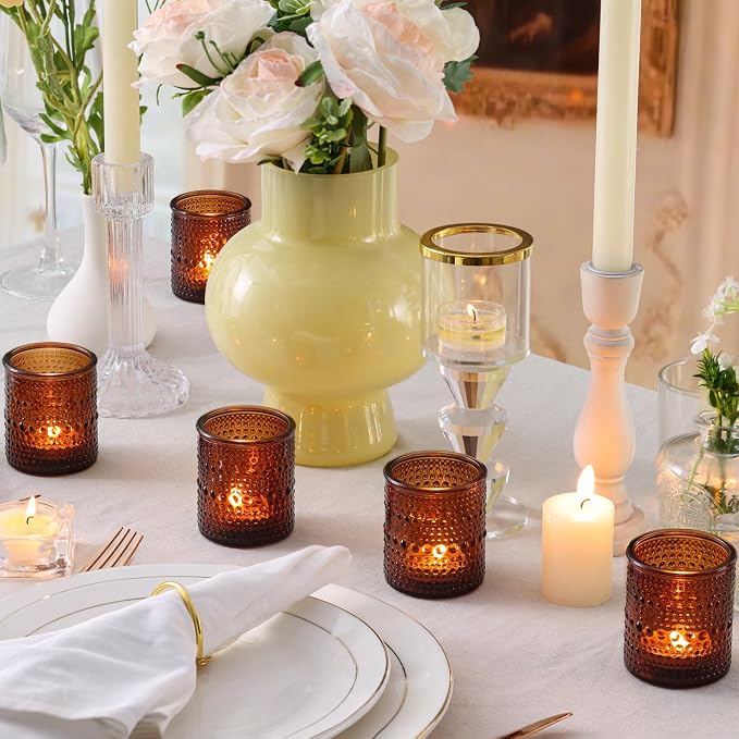 30 Pcs Amber Votive Candle Holders, Amber Glass Candle Holder with Polka Dot Embossed, Vintage Votive Candle Holders for Boho Weddings, Home Decor, Baby Shower, Special Occasions