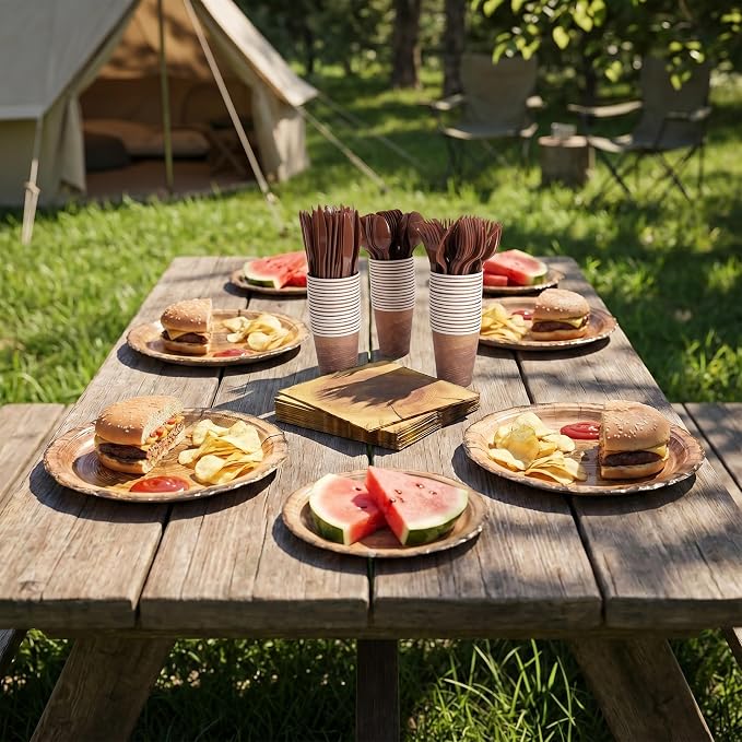 400 Pcs Disposable Rustic Wood Grain Slice Tableware Set for 50 Guests | Heavy-Duty 7" & 9" Paper Plates, Cups, 13" Napkins & Plastic Cutlery for Camping Forest Woodland Birthday Party Supplies