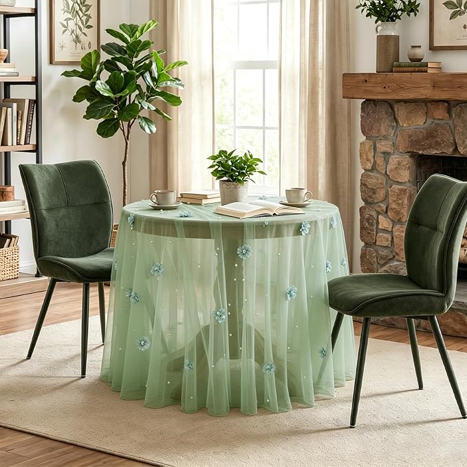 BINBE 4pcs Flower Pearl Table Runner Spring Summer Rustic Boho 10ft Tulle Table Runner for Baby Shower Wedding Veil Holiday Dessert Table Decor Green