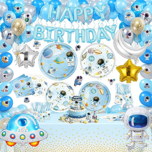 222Pcs Space Themed Party Decorations, Birthday Tableware Set | 2-design plates, cups, napkins, cutlery, foil balloons, tablecloth & stickers for 24 guests