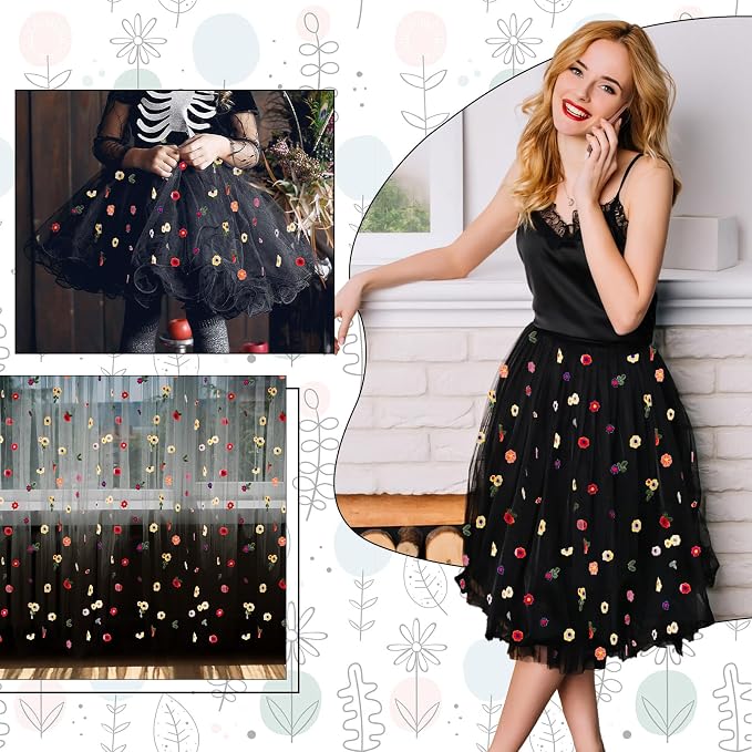 BINBE 3pcs Black Daisy Spring Table Runner Embroidery Gauze 10FT Florals Seasonal Tulle Holiday Birthday Kitchen Dining Table Decor for Home Party