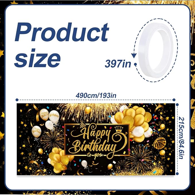 Happy Birthday Garage Door Banner Cover 7x16FT Waterproof –Luxury Black Gold Fireworks & Balloons Backdrop with Crown Design,Indoor Outdoor Decor for Birthday Party,Anniversary, Photo Booth