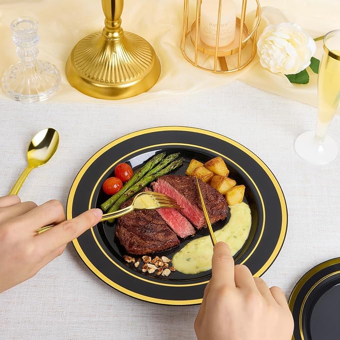 BESTVIP 100PCS Black Plastic Plate with Gold Rim, Disposable Party Plates with 50 Dinner Plates and 50 Dessert Plates, Plastic Plates for Party, Wedding and Birthday