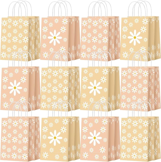 Outus 24 Pcs Daisy Party Favor Bags Boho Groovy Flower Gift Goodie Paper Bags with Handles Retro Hippie Flower Candy Treat Pouch for Daisy Birthday Party Decorations Supplies