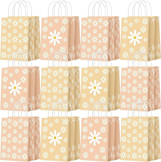 Outus 24 Pcs Daisy Party Favor Bags Boho Groovy Flower Gift Goodie Paper Bags with Handles Retro Hippie Flower Candy Treat Pouch for Daisy Birthday Party Decorations Supplies
