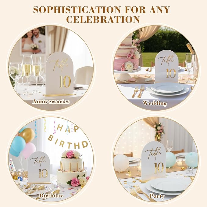 Wedding Table Numbers 1-15 with Holders,5x7 inch Arch Acrylic Table Numbers Signs with Gold Foil Embossed for Wedding Reception, Anniversary, Birthday,Party and Events Decor