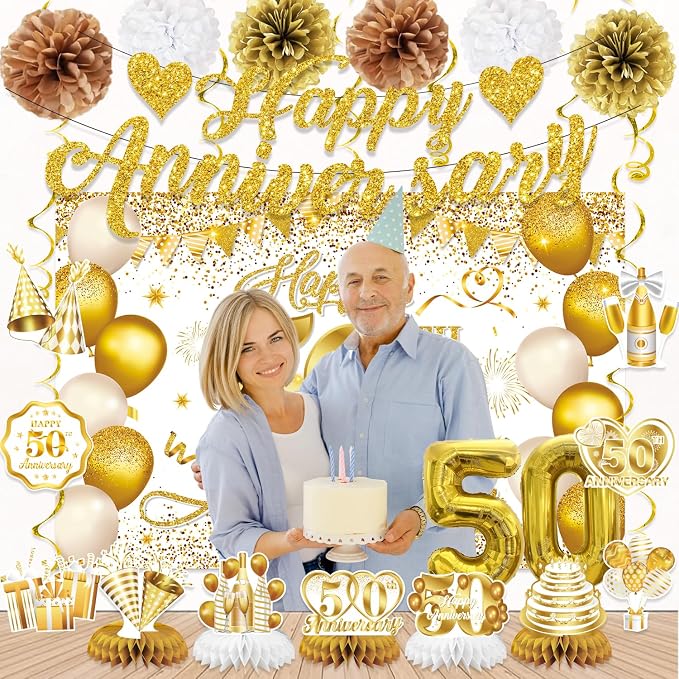 50th Anniversary Decorations, White Gold 50th Wedding Anniversary Decorations- Banner Backdrop Centerpieces Hanging Swirls Pom Pom Party Supplies