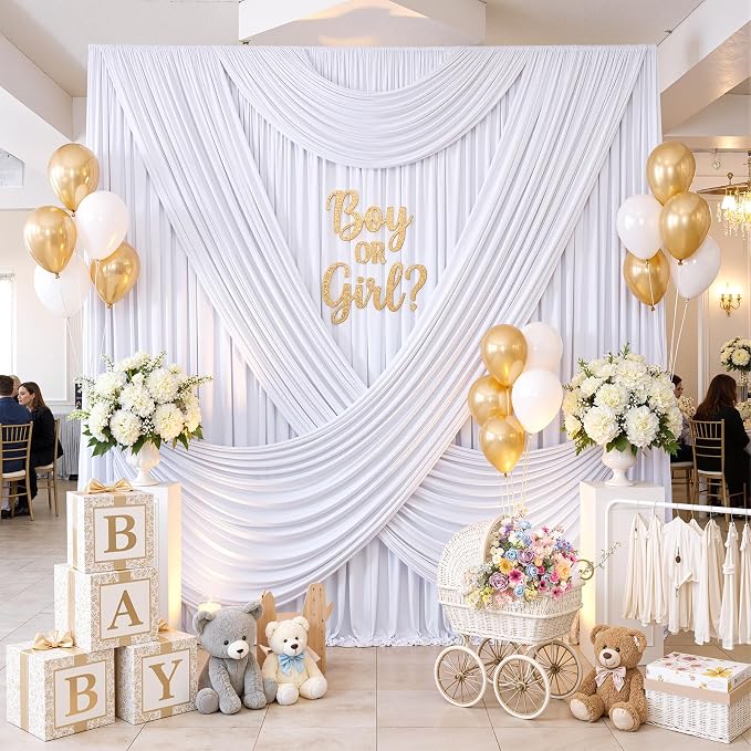 30ftx12ft Wrinkle Free White Backdrop Curtain, 6 Panels 12FT Height White Drapes for Wedding, Silky Polyester Photo Back Drop Cloth Draping for Birthday Party Photography Background