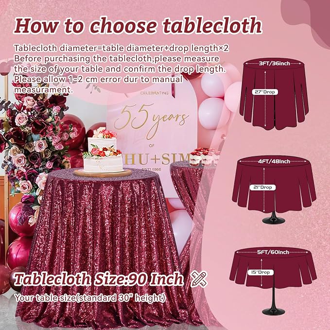 B-COOL Round Sequin Tablecloth Draping Decorations: Burgundy 90 Inch Tablecloths Sequin Overlay Green Shimmer Fabric for Birthday Dinner Parties Valentines Day Graguation Christmas