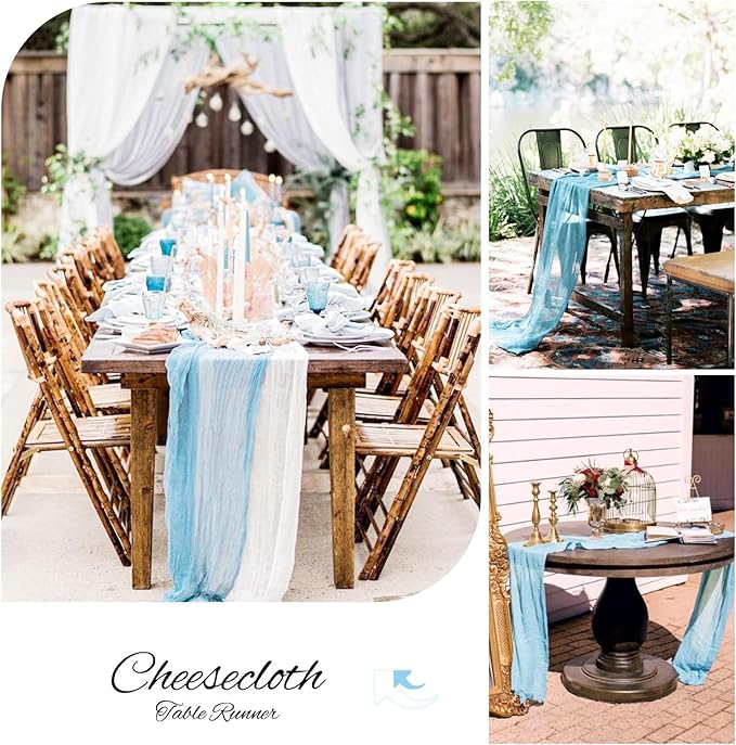 24 Pack Baby Blue Cheesecloth Table Runner 10Ft Boho Gauze Cheese Cloth Table Runner 35x120 Inch Long Rustic Sheer Table Decor for Wedding Decor Arch Draping Valentine's Day Easter Holiday Party