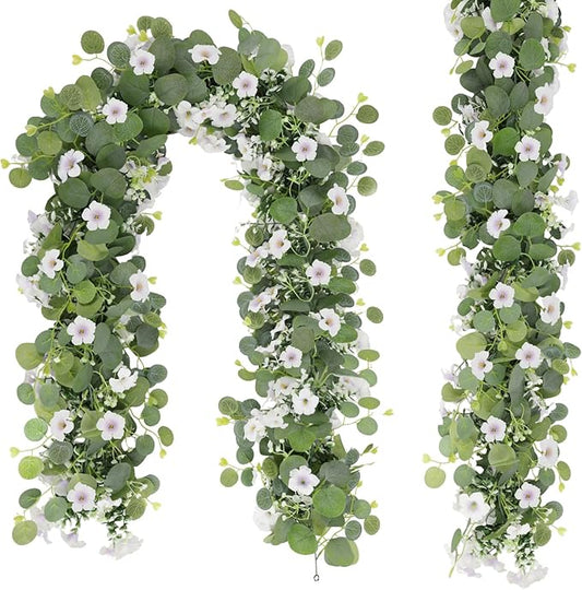 Artificial Eucalyptus Garland with Morning Glory Flowers, 2 Pack Faux Eucalyptus Leaves Greenery Garland Hanging Vines for Wedding Party Backdrop Mantle Table Arch Wall Decor, 6 FT Indoor Outdoor
