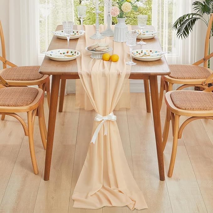 Horbaunal 2 Pack Nude Chiffon Table Runners 10FT Sheer Chiffon Runner 29x120 Inches Romantic Boho Rustic Table Runner for Wedding Party Bridal Baby Shower Table Decorations
