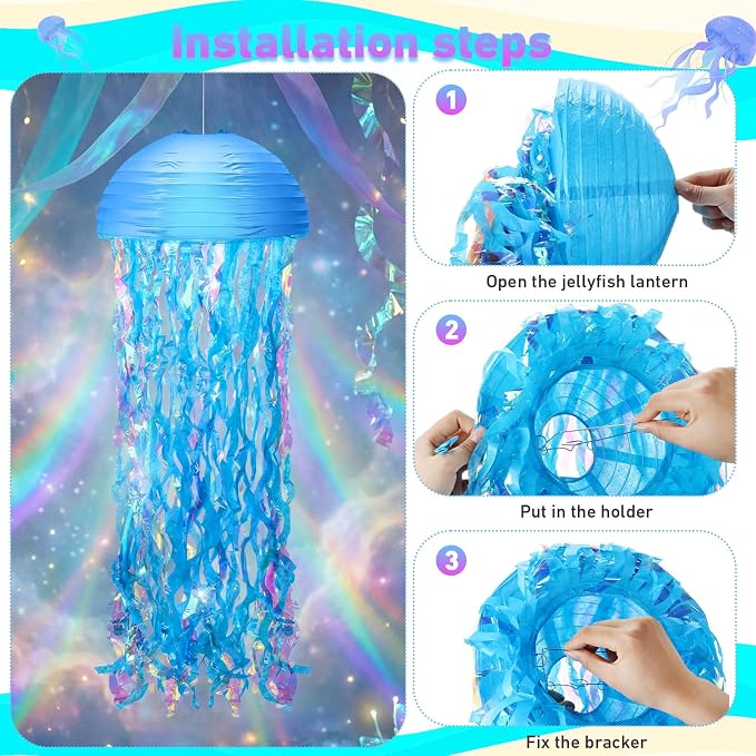 Baquler Set of 12 Jellyfish Paper Lanterns 10 Inch Semicircle Lanterns Hanging Decoration for Mermaid Sea Ocean Birthday Party Decorations(Pink, Blue, Sky Color, Royal Blue, Purple, Light Purple)