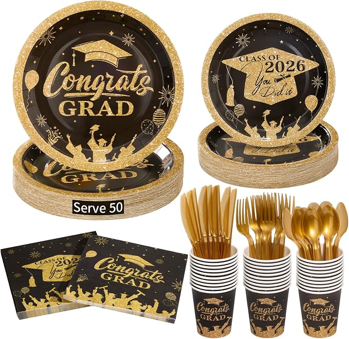 Goodluck Black & Gold 2026 Congrats Grad Disposable Tableware Sets, 350 PCS Graduation Party Supplies Include 9" & 7" Disposable Graduation Paper Plates, 9oz Cups, Napkins & Cutlery for 50 Guests
