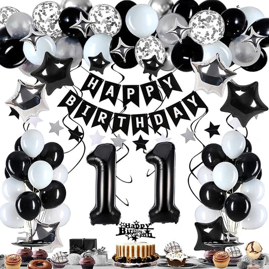 11th Birthday Decorations for Boy Girl, Black White and Silver Happy 11 Party Decor Set with 11 Number Foil Balloons, Banner, Cake Topper for Him Her