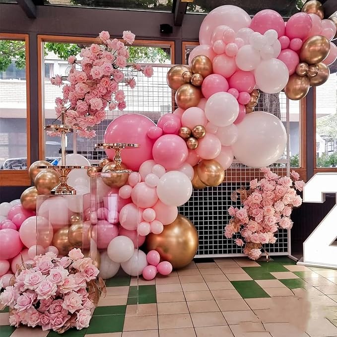 412Pcs Pink and White Balloons Arch Kit,18 12 10 5 Inch Pink and Gold Balloon Garland Pastal Pink White for Women Girls Birthday Bridal Baby Shower Decorations