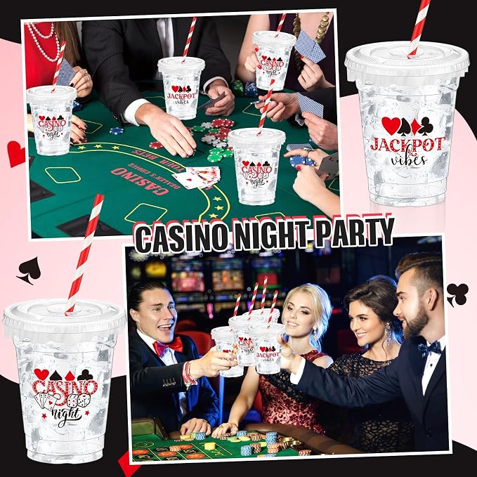 FoldTier 50 Pcs Casino Night Cups, 12 oz Disposable Plastic Cups with Straws and Lids for Home Casino Night Themed Holiday Party Supplies Favors