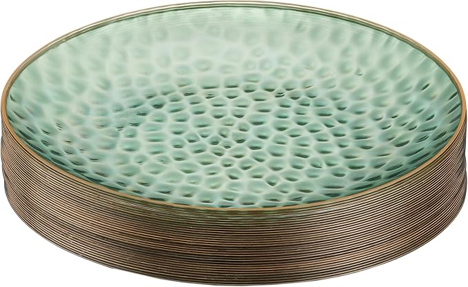 PLASTICPRO 30 Pack Hammered Plastic Plates Heavyweight Disposable Plastic Plates Elegant Clear Hammered Rim Platsic Party Dishes (Hamered Green With Gold Rim, 10'' INCH PLATES)
