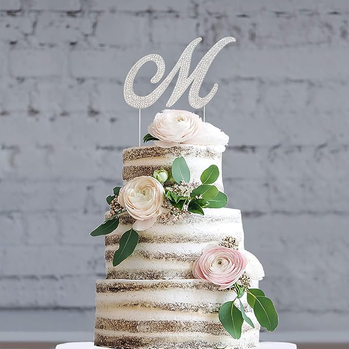 Letter M Cake Topper - Premium Silver Metal - M Monogram Wedding or Anniversary Party Sparkly Rhinestone Initial Decoration Makes a Great Centerpiece - Now Protected in a Box
