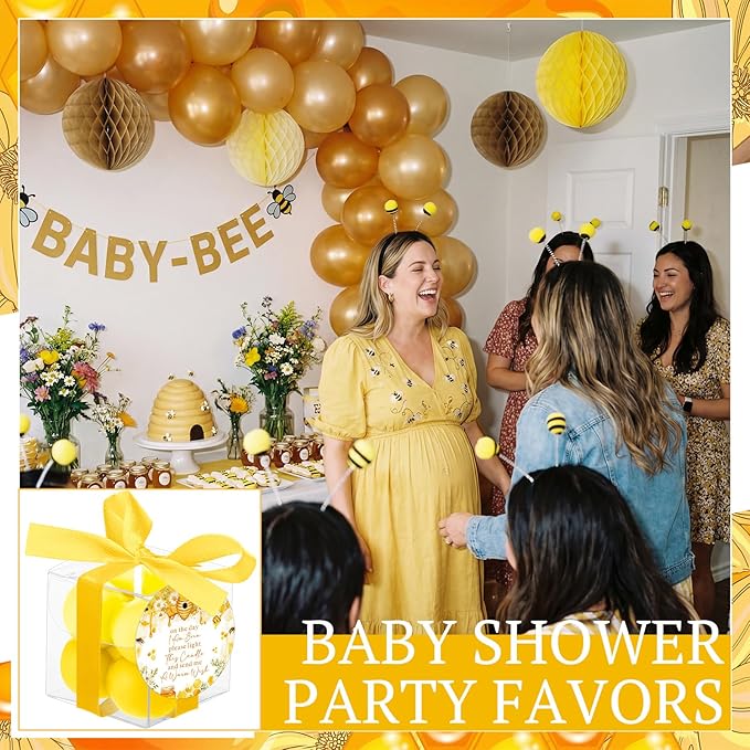 MTLEE 24 Sets Bee Baby Shower Favors Party Candle Small Bubble Candle Baby Shower Favors for Guests Tea Candles Bulk with Stylish Ribbons Cards Gifts (Yellow, Bee)